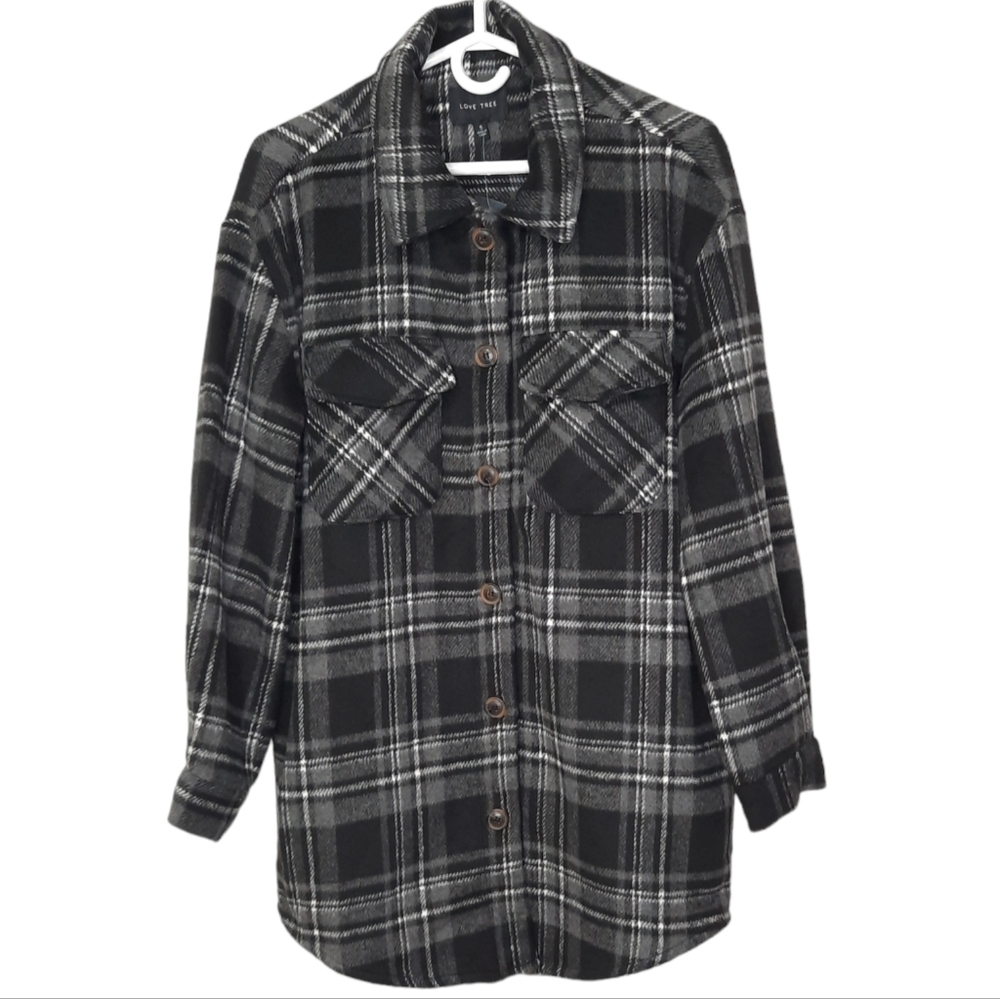 Love Tree Oversized Shacket Plaid Fleece Button Front Pockets Womens Size Small